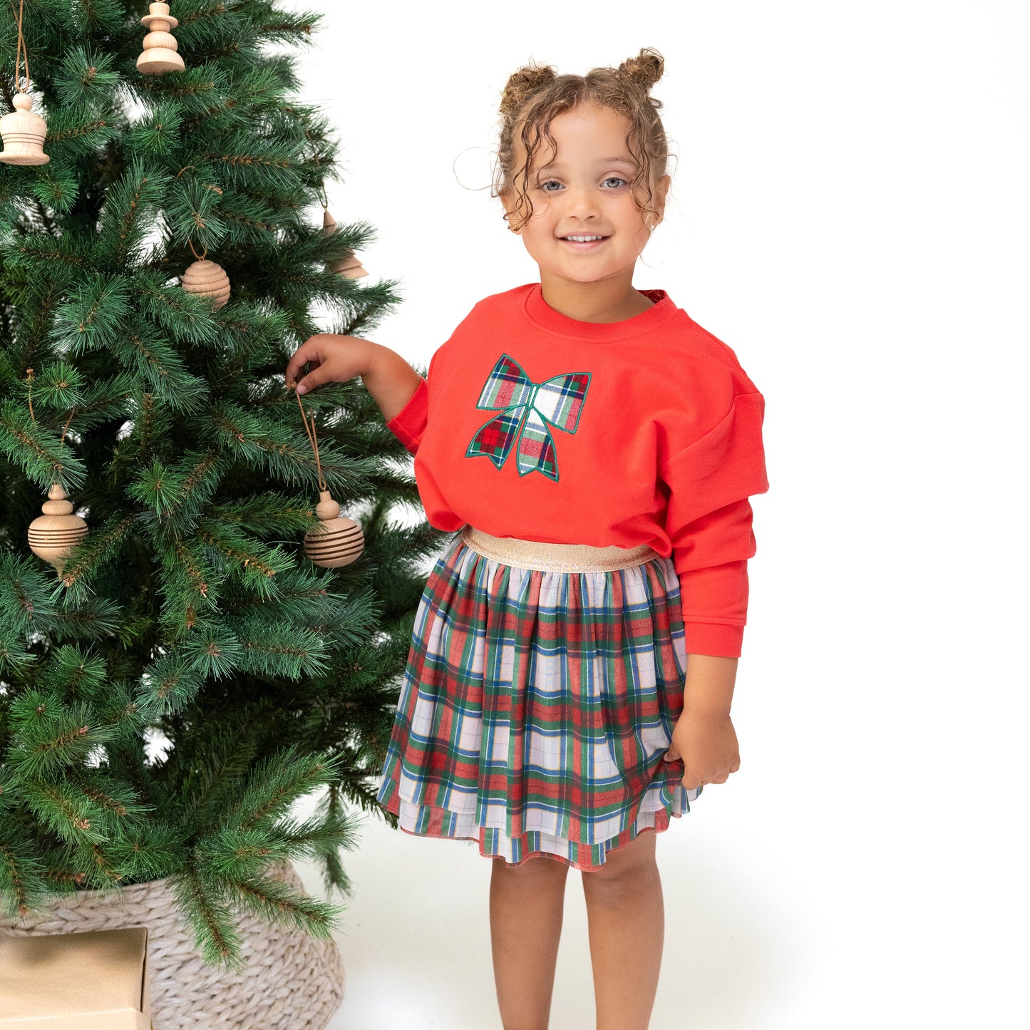 Drop Sleeve Bow Sweatshirt with Rib Cuffs in our  Holiday Plaid print from Angel Dear