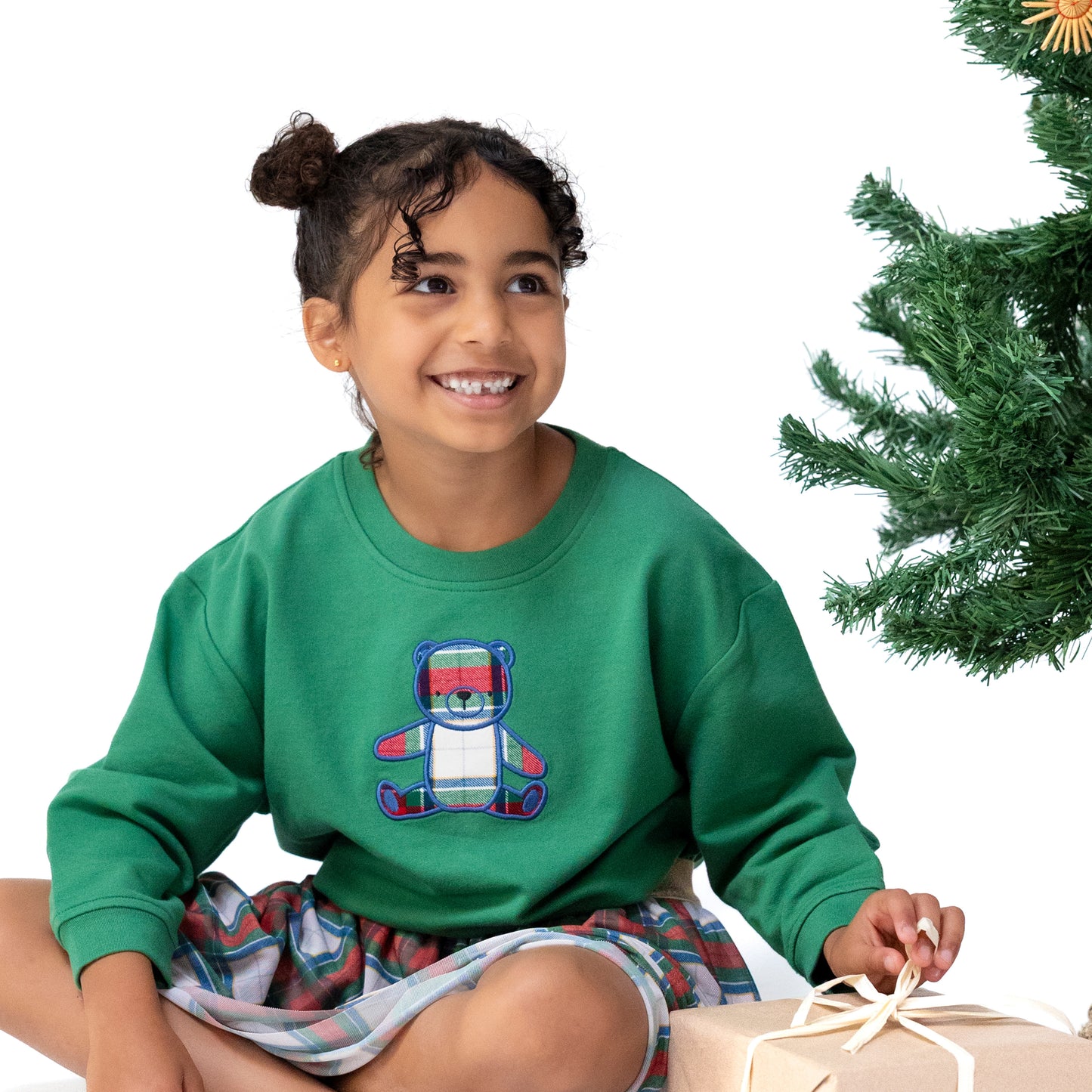 Drop Sleeve Bear Sweatshirt with Rib Cuffs in our  Holiday Plaid print from Angel Dear