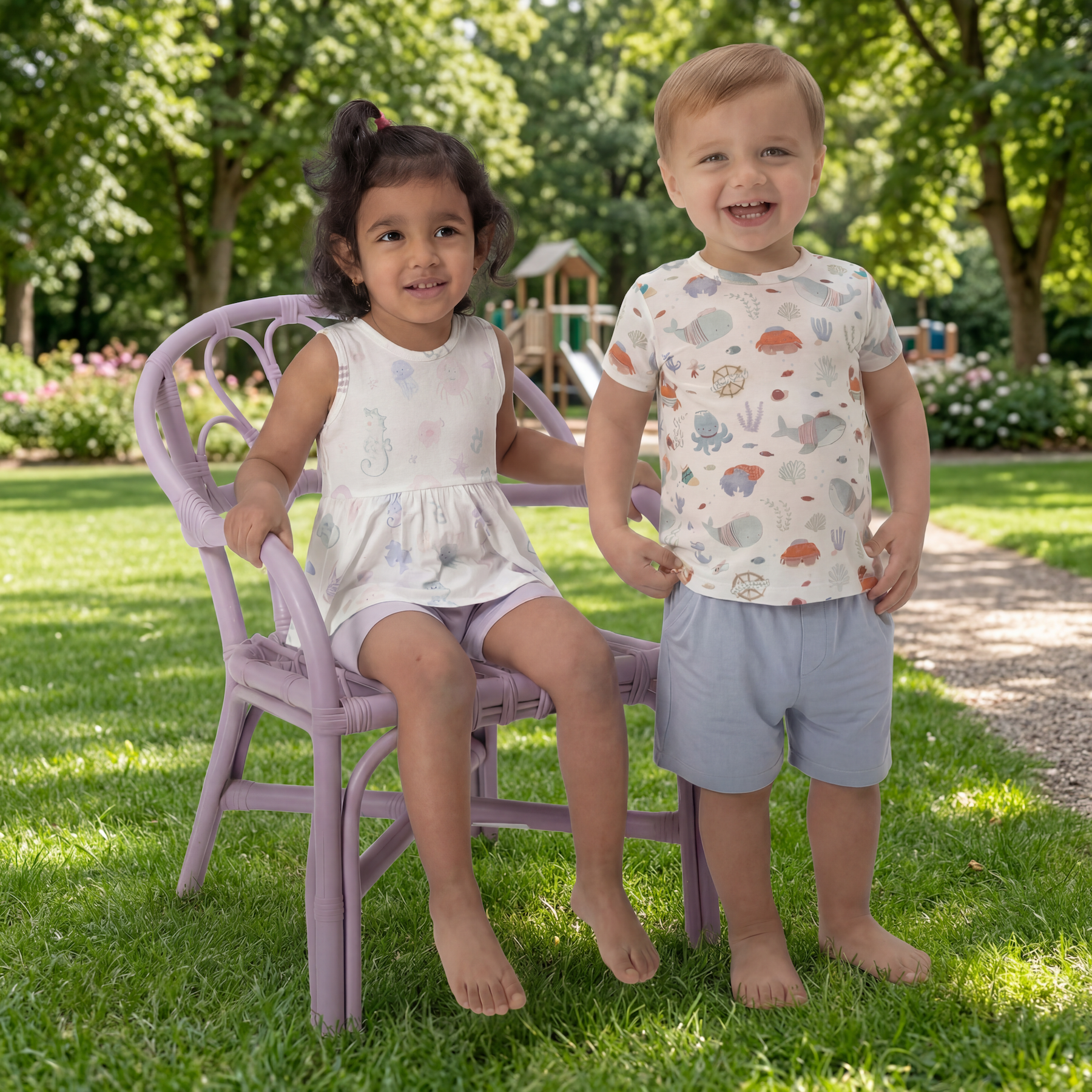 Two children (boy and girl) wear two piece bamboo outfits at the park in the summertime. 
