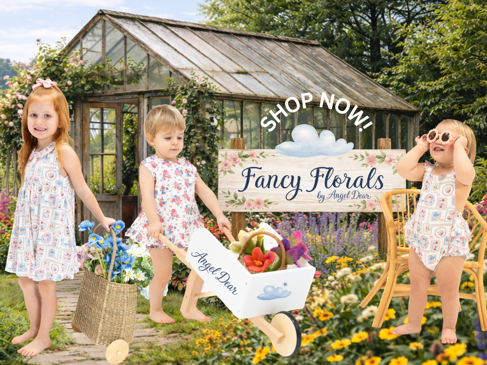 Three children wear floral outfits while working outside in a garden. Text reads, "Fancy Florals" and "Shop Now!"