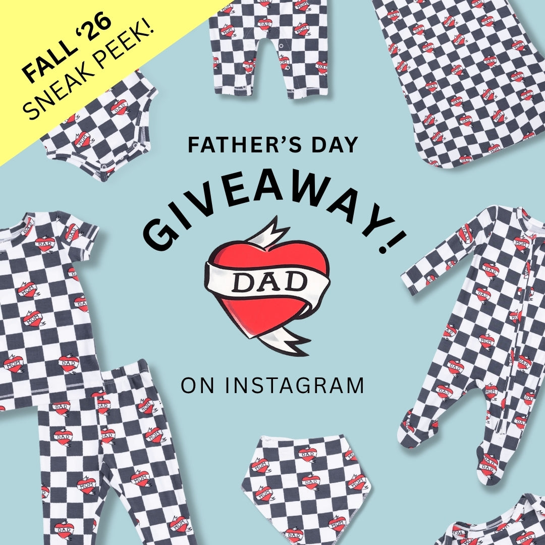 Father's Day giveaway promotion with checkered and tattoo printed baby outfits and loungewear on a light blue background.