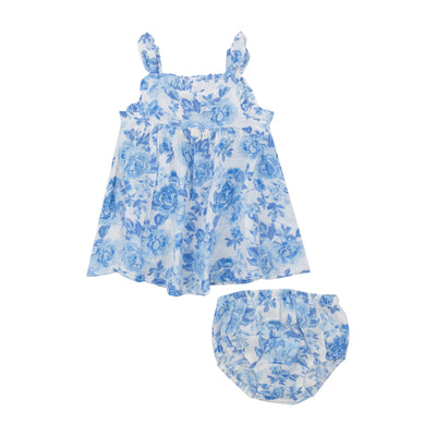 Paperbag Ruffle Sundress With Dc - Roses In Blue - Angel Dear