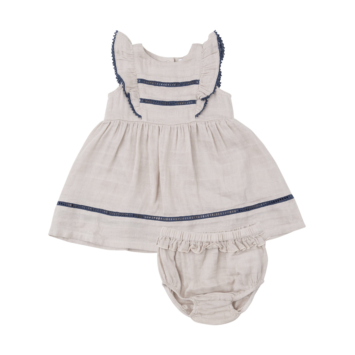 Ruffle Dress With Trim - Oatmeal Solid Muslin - Angel Dear