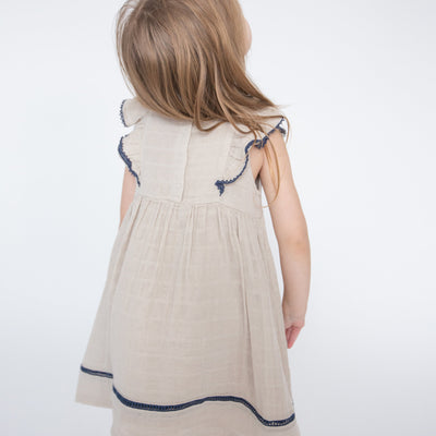 Ruffle Dress With Trim - Oatmeal Solid Muslin - Angel Dear