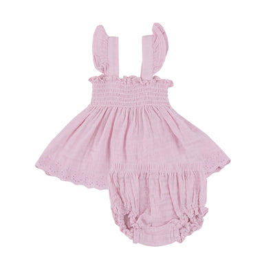 Ruffle Strap Smocked Top And Diaper Cover - Ballet Solid Muslin - Angel Dear