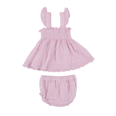 Ruffle Strap Smocked Top And Diaper Cover - Ballet Solid Muslin - Angel Dear