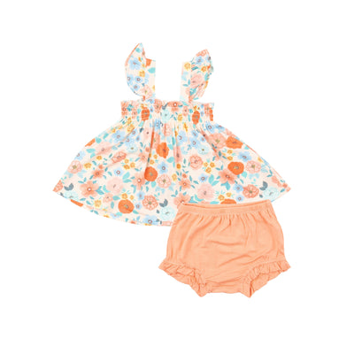 Ruffle Strap Smocked Top And Diaper Cover - Flower Cart-Angel Dear