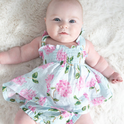 Ruffle Strap Smocked Top And Diaper Cover - Hydrangeas - Angel Dear