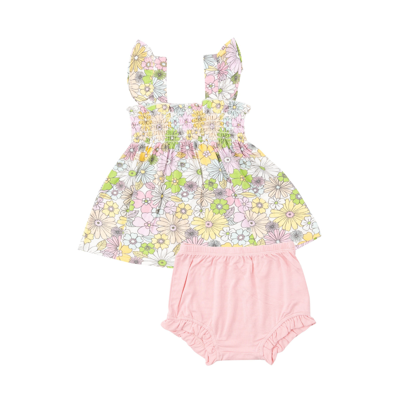 Ruffle Strap Smocked Top And Diaper Cover - Mixed Retro Floral-Angel Dear