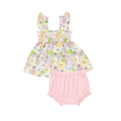Ruffle Strap Smocked Top And Diaper Cover - Mixed Retro Floral - Angel Dear