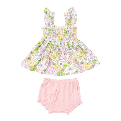 Ruffle Strap Smocked Top And Diaper Cover - Mixed Retro Floral-Angel Dear