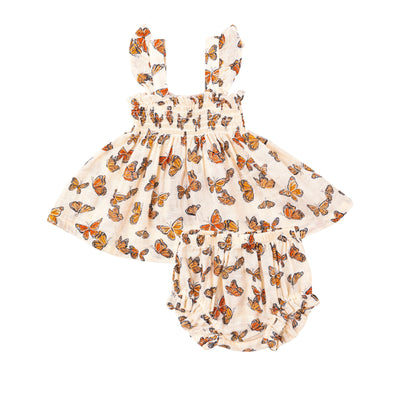 Ruffle Strap Smocked Top And Diaper Cover - Painted Monarch Butterflies - Angel Dear