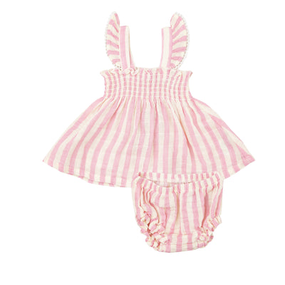 Ruffle Strap Smocked Top And Diaper Cover - Pink Stripe - Angel Dear