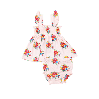 Ruffle Strap Smocked Top And Diaper Cover - Pretty Bouquets - Angel Dear