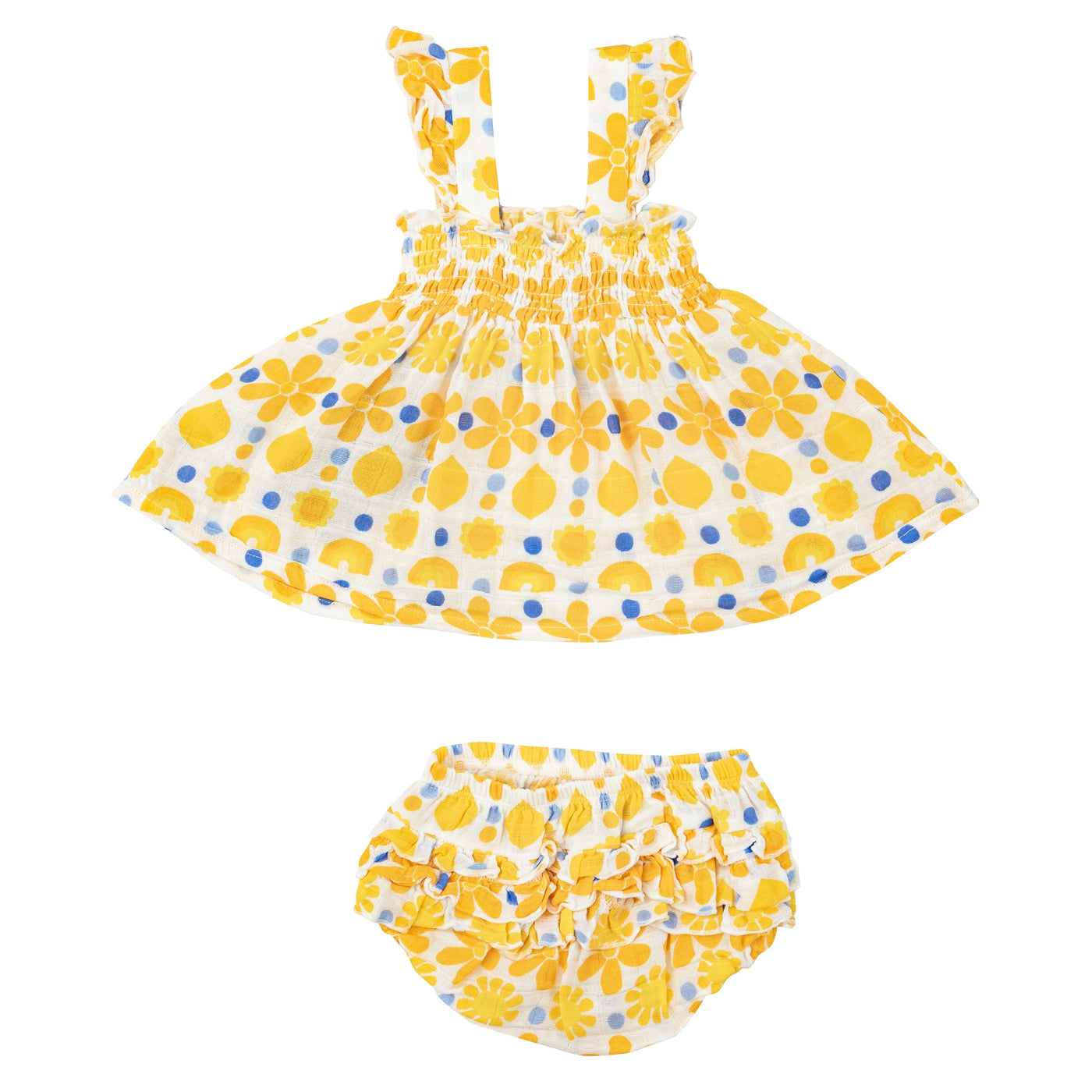 Ruffle Strap Smocked Top And Diaper Cover - Sunny Lemon Geo - Angel Dear