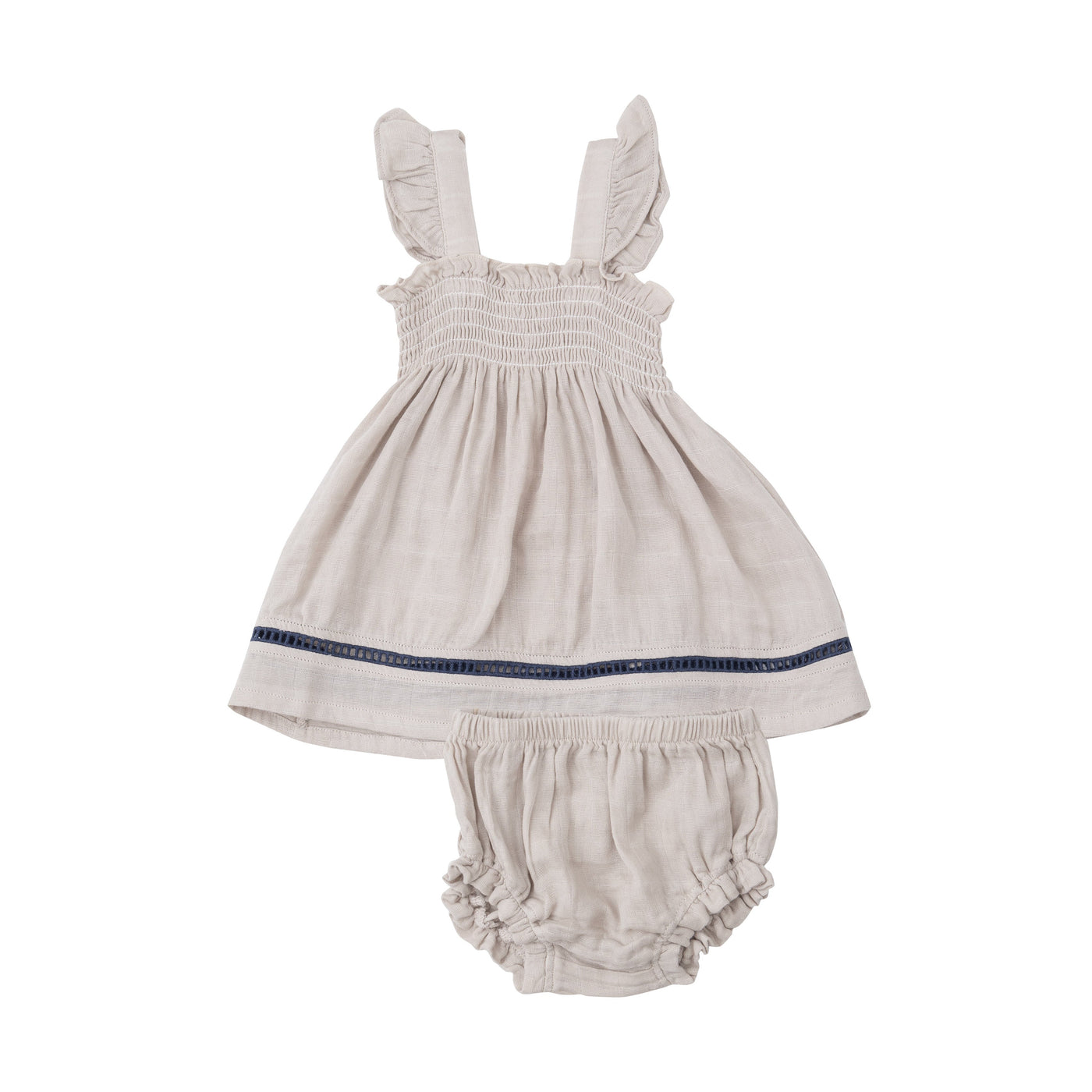 Ruffle Strap Smocked Top And Diaper Cover With Trim - Oatmeal Solid Muslin - Angel Dear