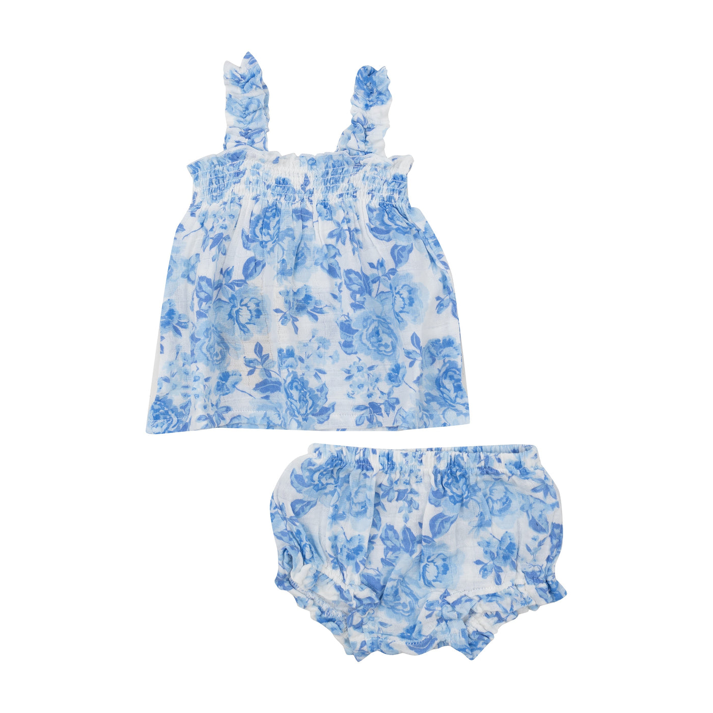 Ruffly Strap Top And Bloomer Set - Roses In Blue - Angel Dear