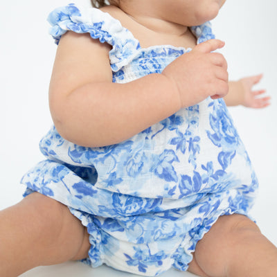 Ruffly Strap Top And Bloomer Set - Roses In Blue - Angel Dear