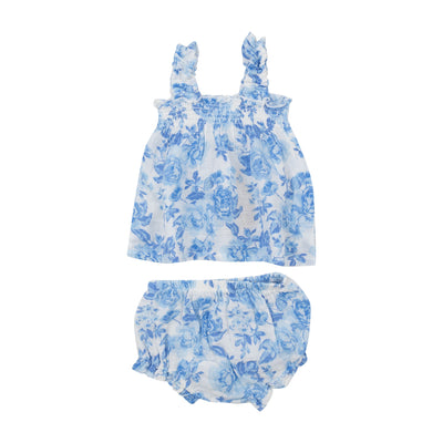 Ruffly Strap Top And Bloomer Set - Roses In Blue - Angel Dear