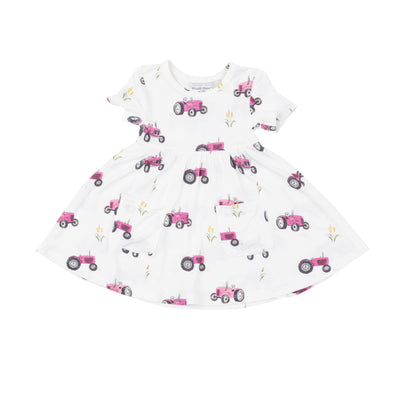 S/S Twirly Dress - Pink Tractors - Angel Dear