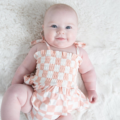 Smocked Bubble W/ Skirt - Checkerboard Pink by Angel Dear