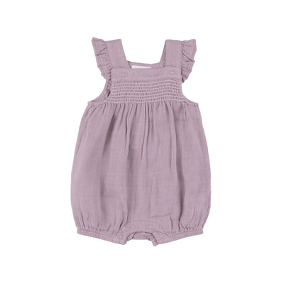 Smocked Front Overall Shortie - Dusty Lavendar Solid Muslin - Angel Dear