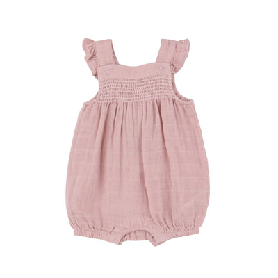 Smocked Front Overall Shortie - Dusty Pink Solid Muslin - Angel Dear