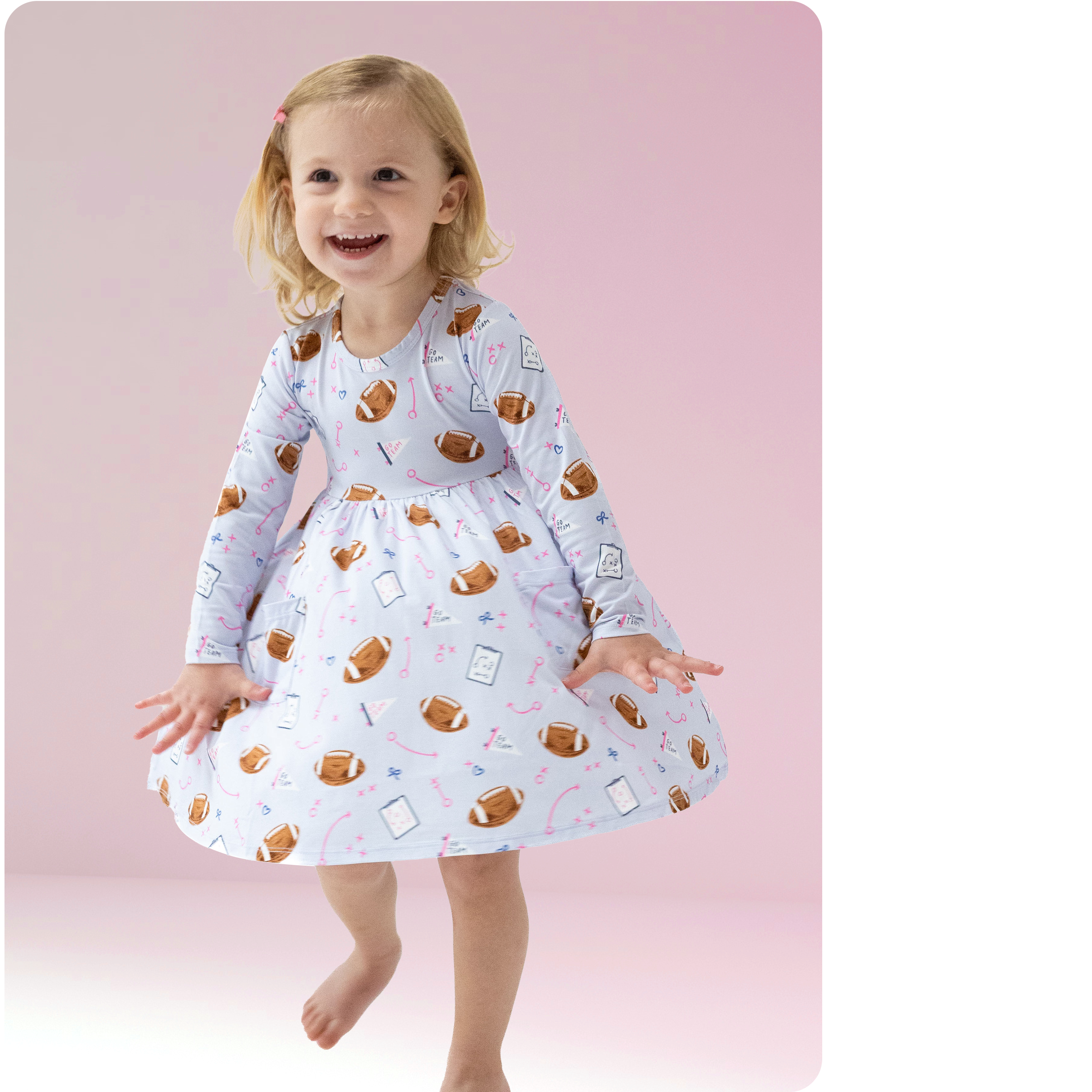 Twirly Long Sleeve Dress in our  Touchdown Time - Lavender print from Angel Dear