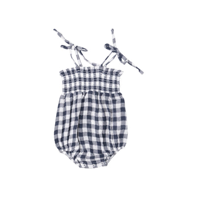 Tie Strap Smocked Bubble - Gingham Navy - Angel Dear