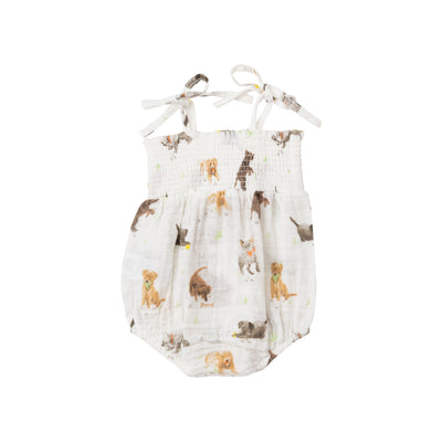 Tie Strap Smocked Bubble - Watercolor Puppies - Angel Dear