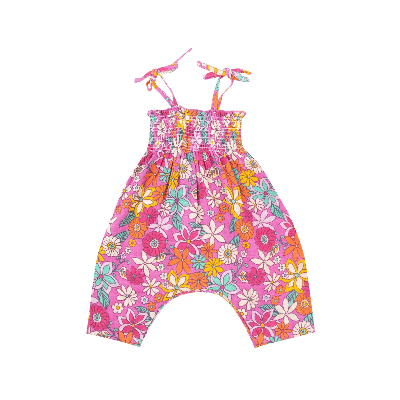 Tie Strap Smocked Romper - Tropical Retro Floral-Angel Dear