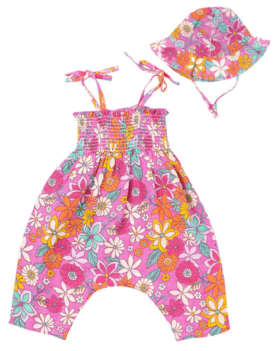 Tie Strap Smocked Romper - Tropical Retro Floral-Angel Dear