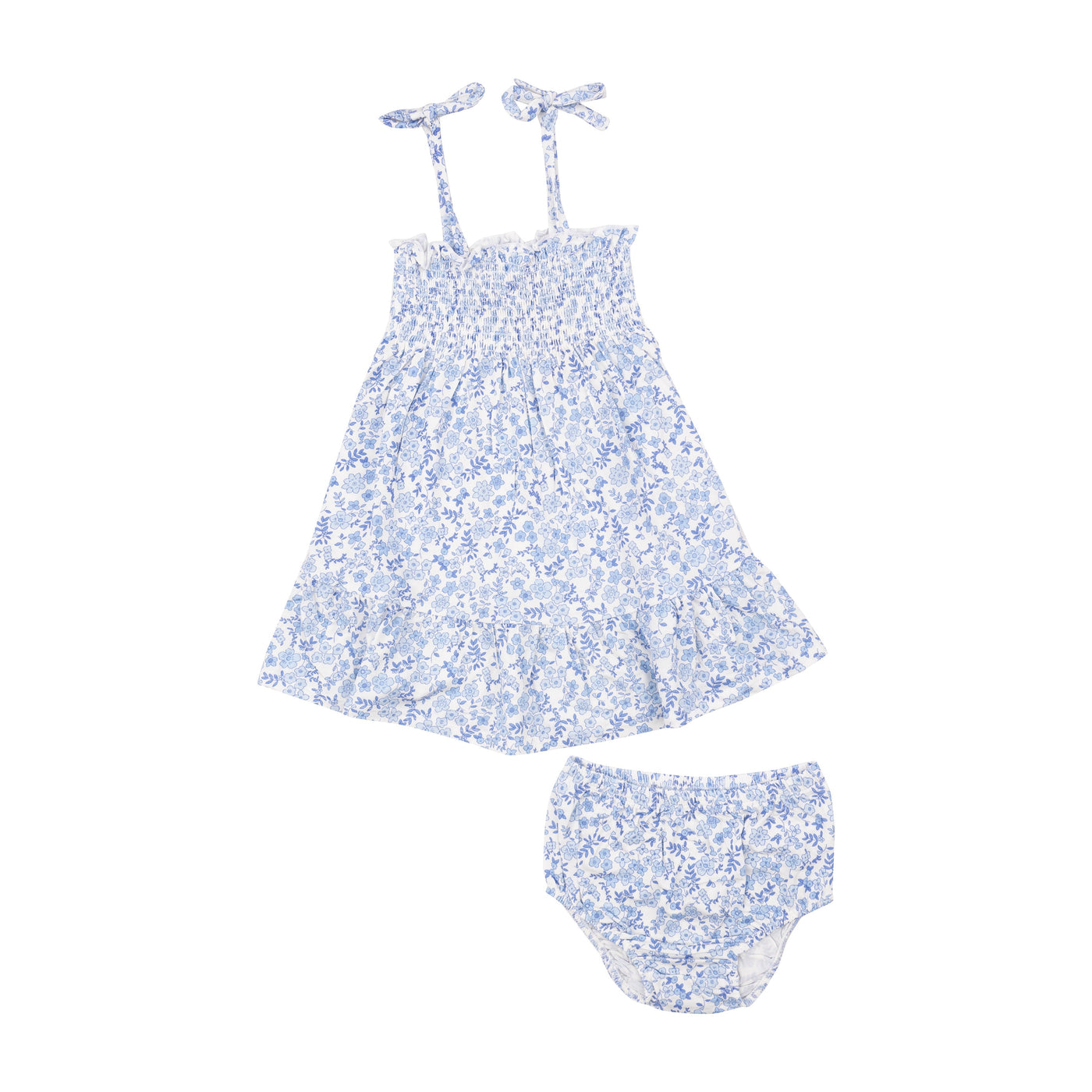 Tie Strap Smocked Sun Dresss Diaper Cover - Blue Calico Floral - Angel Dear