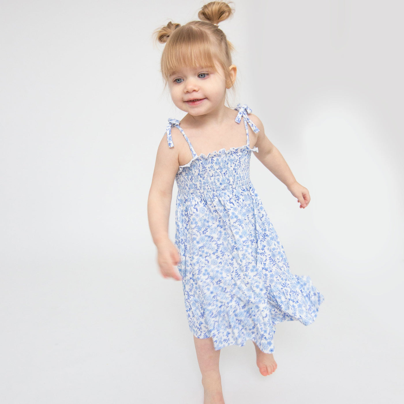 Tie Strap Smocked Sun Dresss Diaper Cover - Blue Calico Floral - Angel Dear