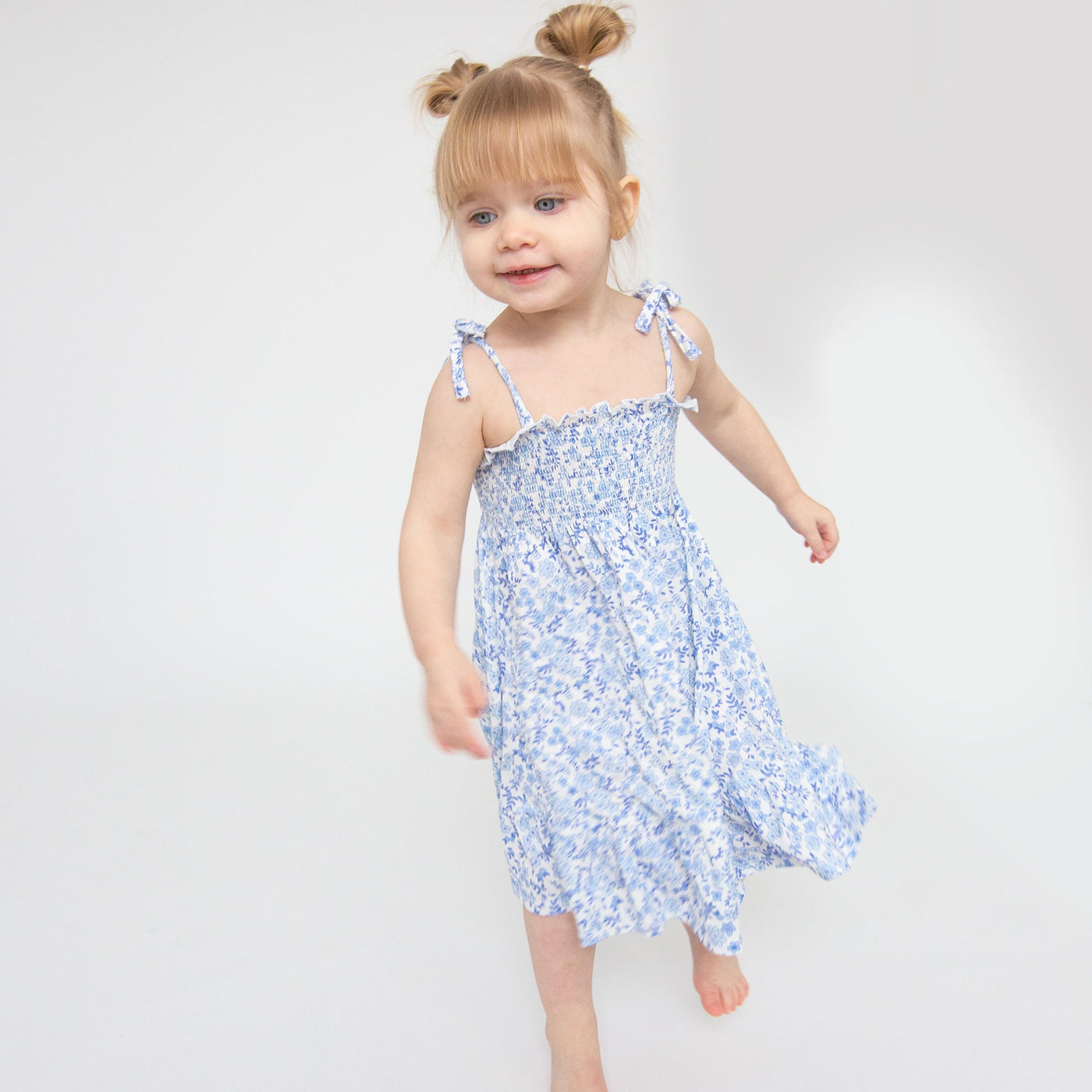 Tie Strap Smocked Sun Dresss Diaper Cover - Blue Calico Floral by Angel Dear