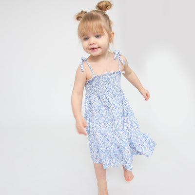 Tie Strap Smocked Sun Dresss Diaper Cover - Blue Calico Floral - Angel Dear