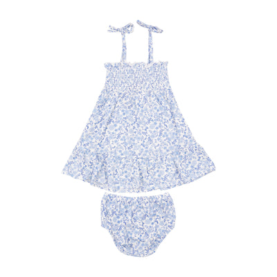 Tie Strap Smocked Sun Dresss Diaper Cover - Blue Calico Floral - Angel Dear