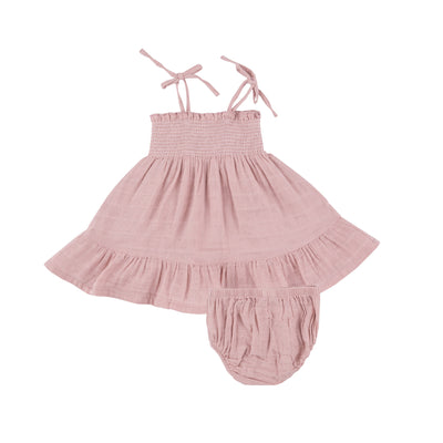 Tie Strap Smocked Sun Dresss Diaper Cover - Dusty Pink Solid Muslin - Angel Dear