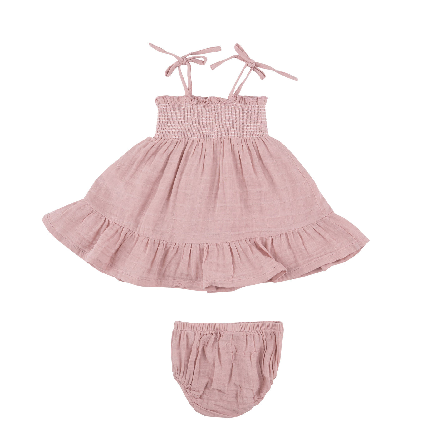 Tie Strap Smocked Sun Dresss Diaper Cover - Dusty Pink Solid Muslin - Angel Dear