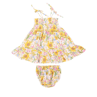 Tie Strap Smocked Sun Dresss Diaper Cover - Sunflower Dream Floral - Angel Dear