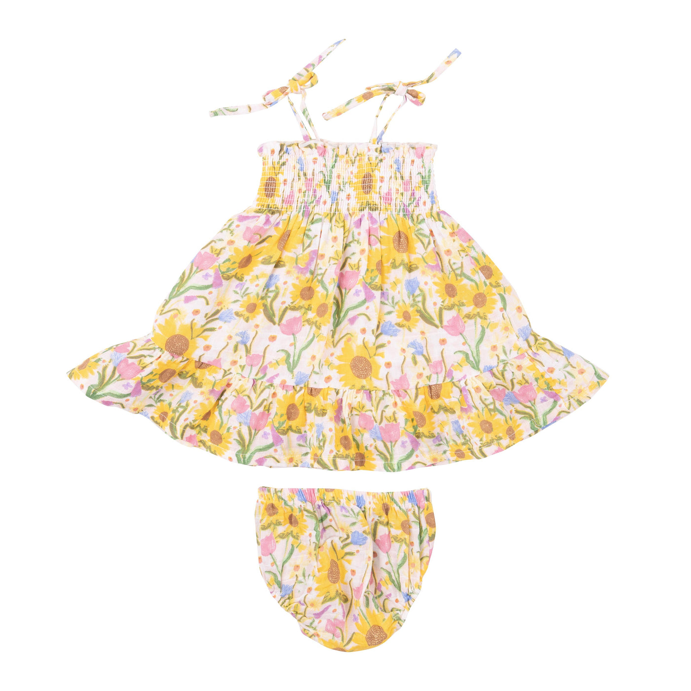 Tie Strap Smocked Sun Dresss Diaper Cover - Sunflower Dream Floral by Angel Dear