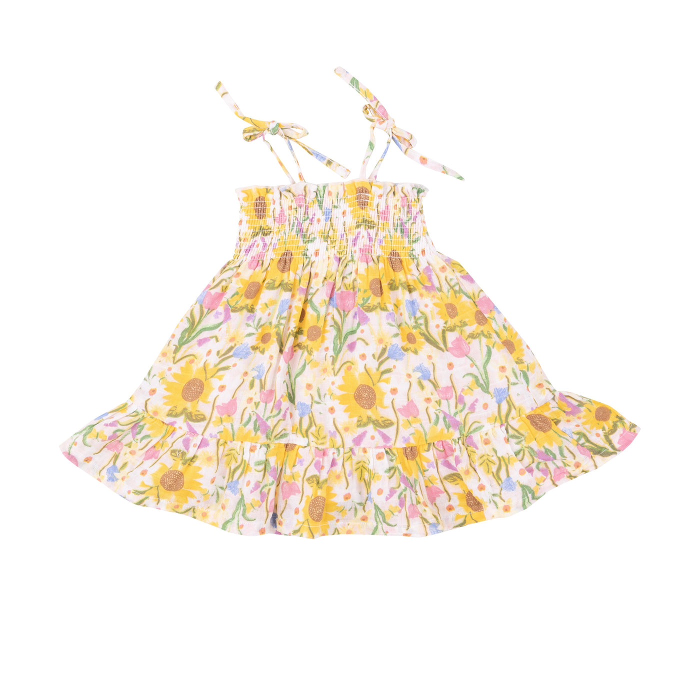 Tie Strap Smocked Sun Dresss Diaper Cover - Sunflower Dream Floral - Angel Dear