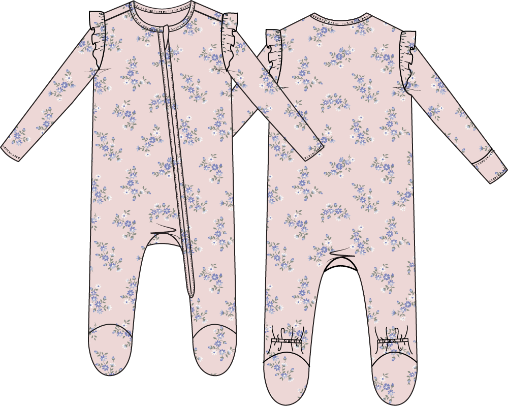 Sweet Hanna Floral Velour - 2 Way Ruffle Sleeve Zipper Footie
